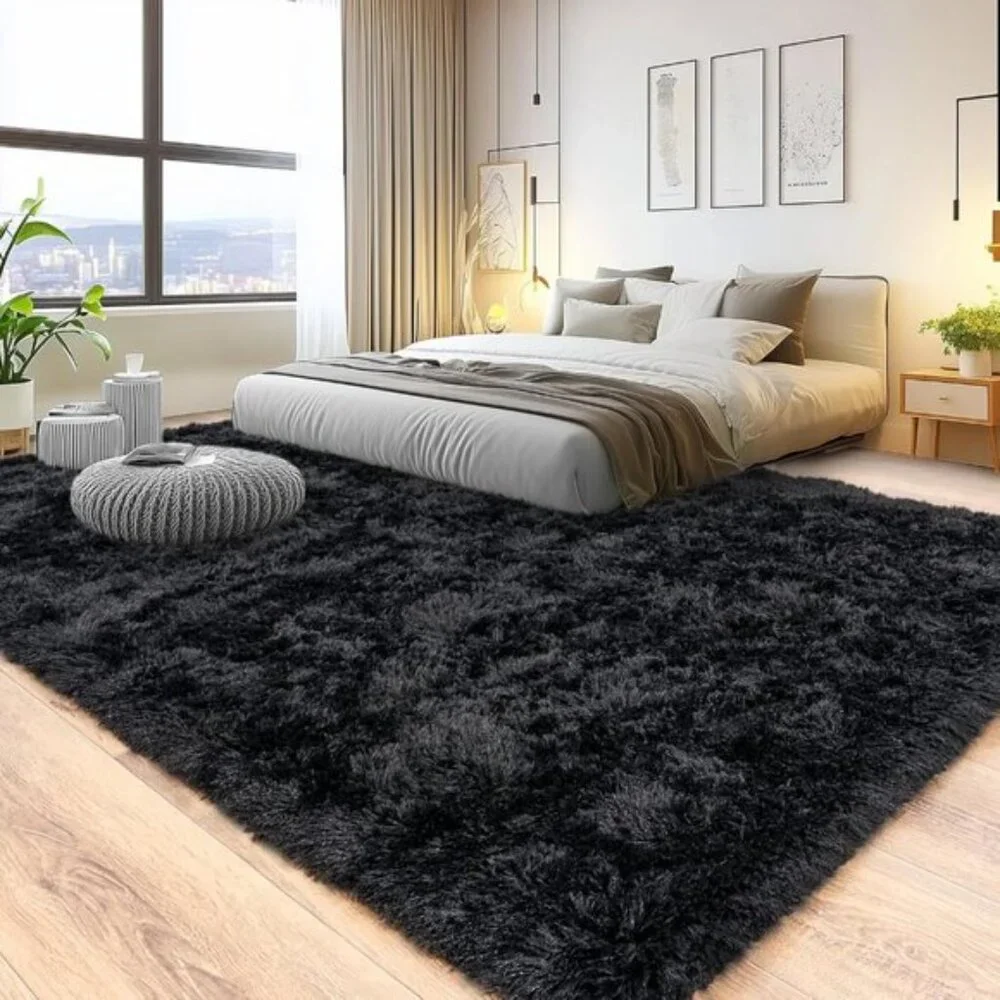 8x10 Black Plush Rug, Fluffy Soft Shaggy Non-Slip Carpet for Home & Room Decor
